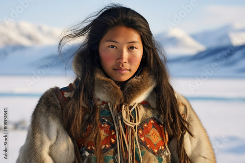 Inuit woman in fur coat against Alaska backdrop