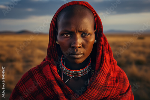Masai woman in traditional attire on savanna