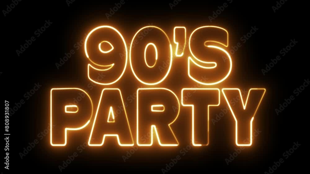90's Party text font with neon light. Luminous and shimmering haze inside the letters of the text 90's Party. 90's Party text font with neon light. Luminous and shimmering haze inside the letters of the text 90's Party.