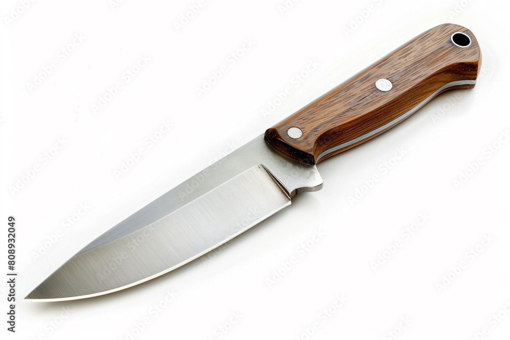 a knife with a wooden handle on a white surface