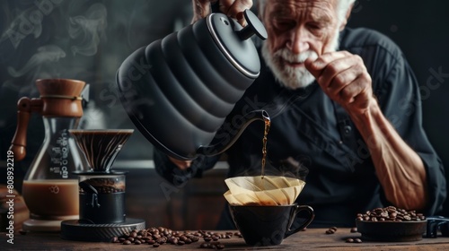 Senior Man Pouring Filtered Coffee photo
