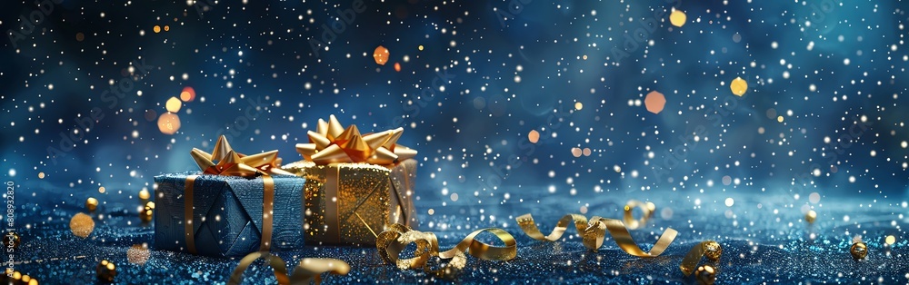 Luxurious Blue Gift Boxes with Golden Ribbons on Dark Blue Luxurious Blue Gift Boxes with Golden Ribbons on Dark Blue