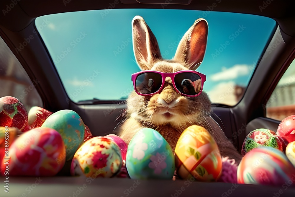 Funny and cute Easter bunny with brightly colored eggs in a car while sporting lovely sunglasses. Easter theme and decorations for spring.
