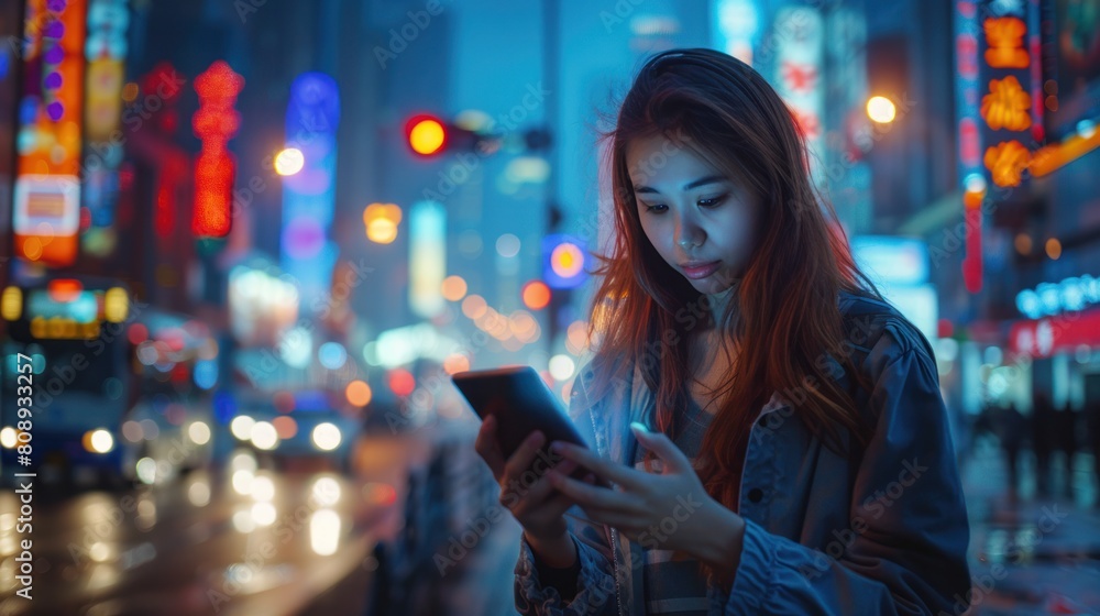 A young woman engages with her smartphone on a bustling city street as dusk sets in. The glow of her screen illuminates her face, A young woman engages with her smartphone on a bustling city street as dusk sets in. The glow of her screen illuminates her face,