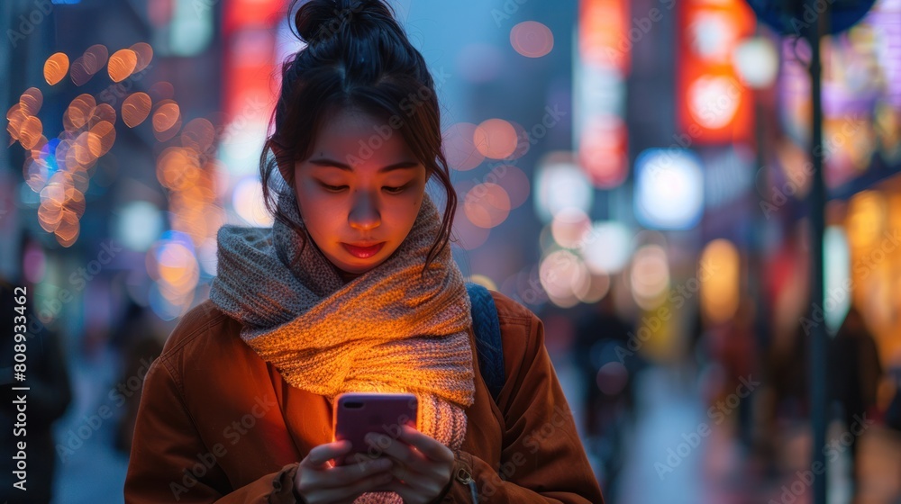 A young woman engages with her smartphone on a bustling city street as dusk sets A young woman engages with her smartphone on a bustling city street as dusk sets