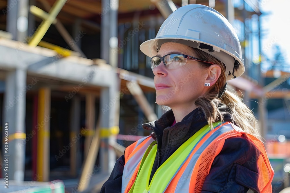 female construction site manager in hard hat and safety vest inspects outdoor building project industrial photography female construction site manager in hard hat and safety vest inspects outdoor building project industrial photography