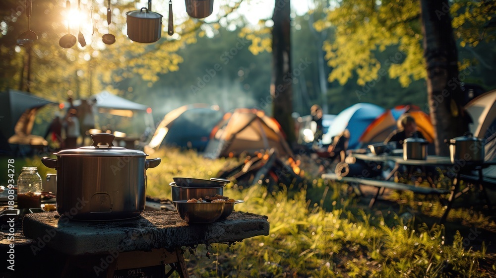 Camping cooking set equipments hanging at the tent