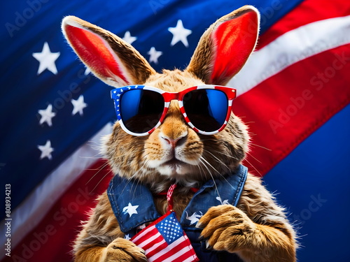  funny rabbit holding american flag with sunglasses red blue background generative AI © skandar