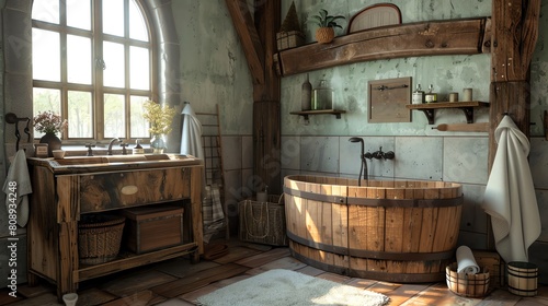 The photo shows a bathroom with a wooden bathtub, a wooden sink, and a wooden cabinet. The bathroom is decorated in a rustic style.