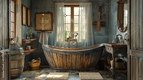 The photo shows a bathroom with wooden bathtub  stone floor and walls. There is a window with white curtain.