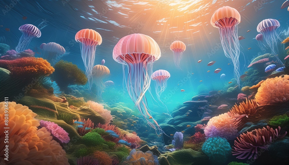 Shining jellyfish in water Shining jellyfish in water