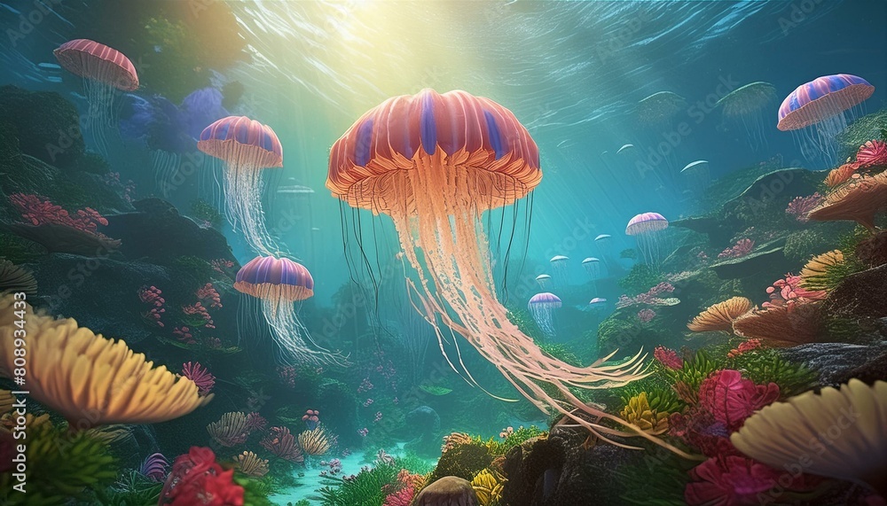 Shining jellyfish in water Shining jellyfish in water