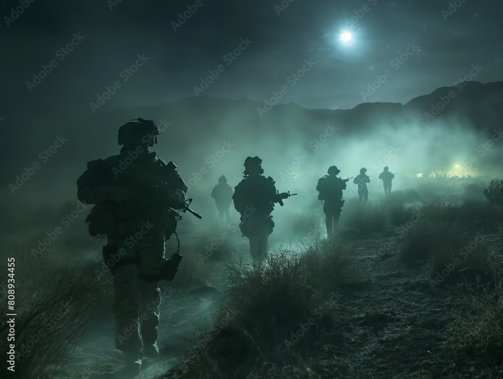A group of soldiers are walking through a foggy, dark field. Scene is tense and mysterious, as the soldiers are shrouded in smoke and the darkness adds to the sense of danger A group of soldiers are walking through a foggy, dark field. Scene is tense and mysterious, as the soldiers are shrouded in smoke and the darkness adds to the sense of danger