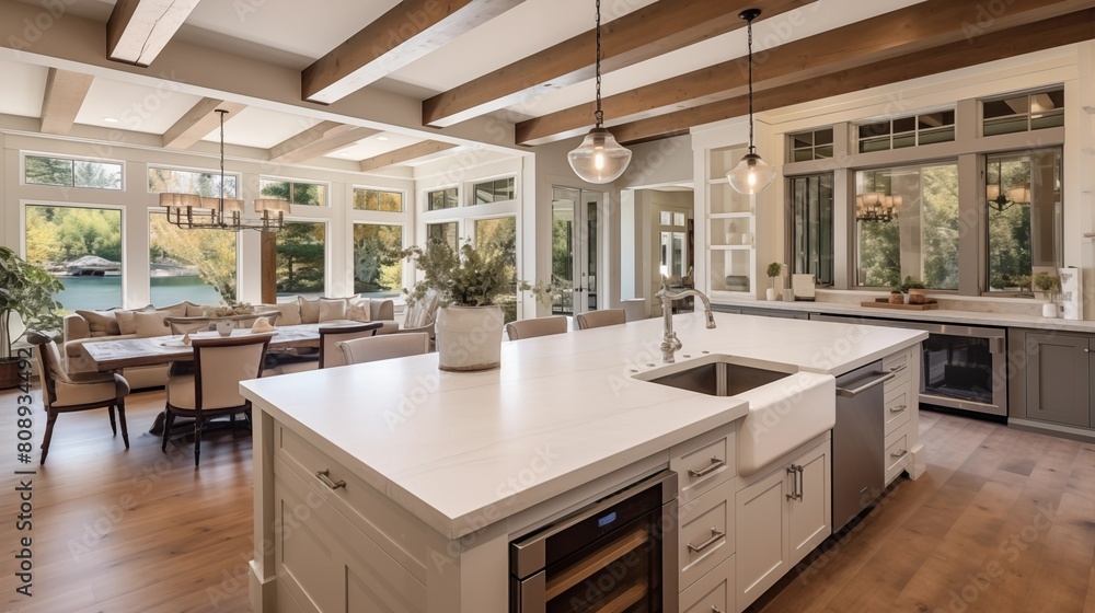 Traditional kitchen in beautiful new luxury home with hardwood floors, wood beams, and large island quartz counters. Includes farmhouse sink, elegant pendant lights. Traditional kitchen in beautiful new luxury home with hardwood floors, wood beams, and large island quartz counters. Includes farmhouse sink, elegant pendant lights.