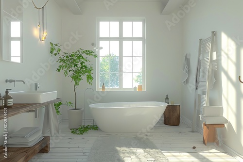 The photo shows a bright and airy bathroom with a large window  a freestanding bathtub  and a double vanity