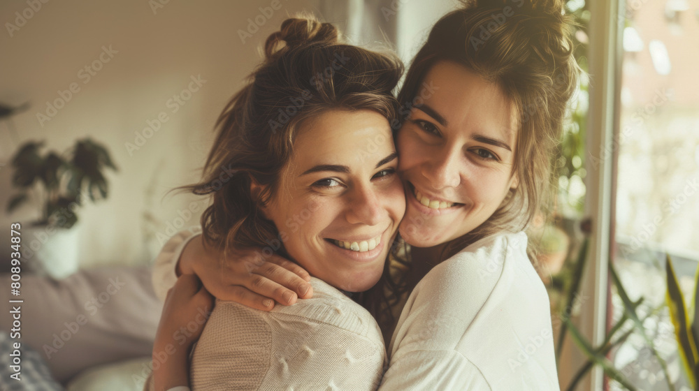 Cheerful pregnant couple smiling at the camera while standing indoors. Happy young woman embracing her pregnant wife from behind. Pregnant lesbian couple feeling excited about their unborn baby. Stock Cheerful pregnant couple smiling at the camera while standing indoors. Happy young woman embracing her pregnant wife from behind. Pregnant lesbian couple feeling excited about their unborn baby. Stock