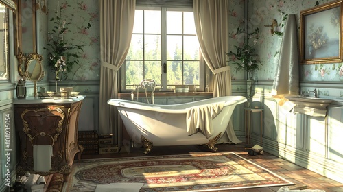 The photo shows a luxurious bathroom with a large bathtub, a marble sink, and a beautiful chandelier