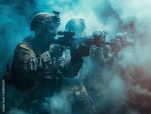 A man in a military uniform is holding a rifle and looking through a scope. He is surrounded by smoke, which adds to the sense of danger and chaos