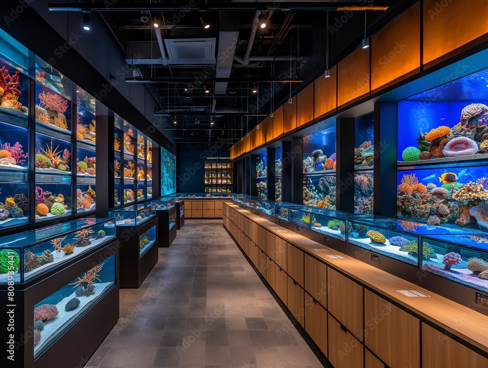 A large aquarium store with many tanks and a variety of fish. The store is brightly lit and has a clean, modern look
