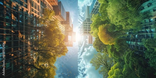 Digital generated image of two environments stuck. Right part covered by trees against left part fully urban and covered by buildings. Sustainability concept. #808935406