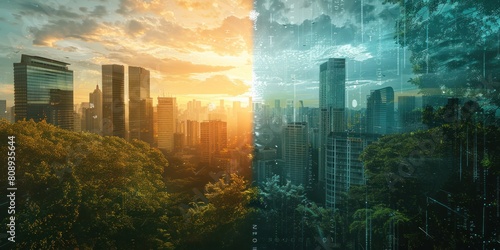 Digital generated image of two environments stuck. Right part covered by trees against left part fully urban and covered by buildings. Sustainability concept. photo