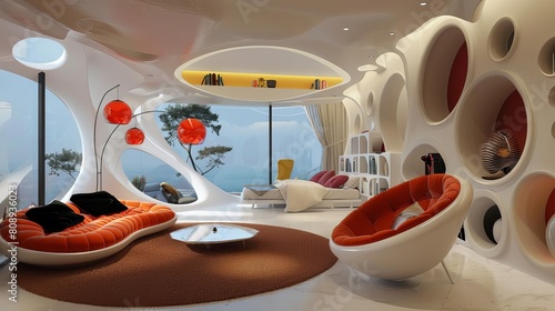 The retro futuristic interior design of the living room with porthole windows, orange chairs and white walls photo