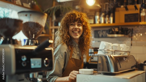 Cheerful Barista at Coffee Machine