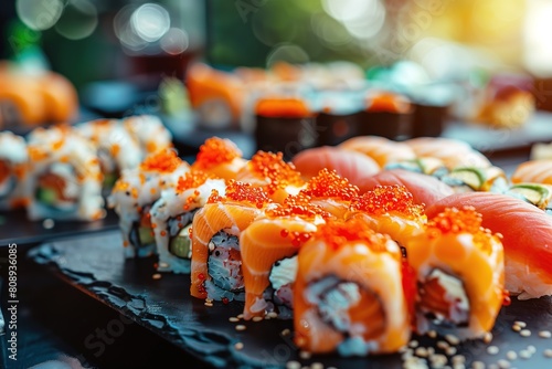 Sushi set with maki and mochi (sushi rolls of rice, fish or meat with red caviar) on a dark stone plate against a blurred background photo