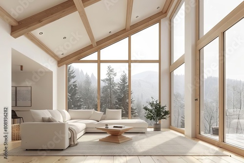 airy and bright modern interior with white walls and wooden accents nature view 3d rendering