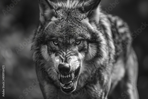 angry wolf closeup in black and white wildlife portrait photography