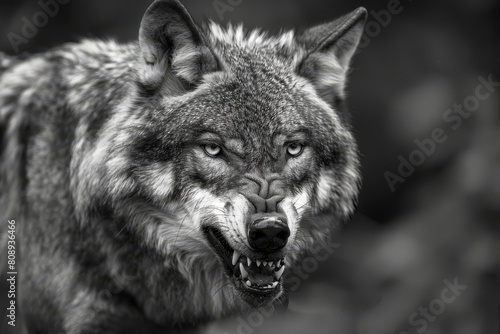 angry wolf closeup in black and white wildlife portrait photography