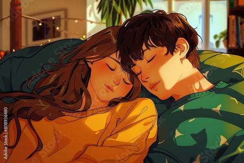 anime girl falls asleep on guys shoulder romantic couple illustration photo
