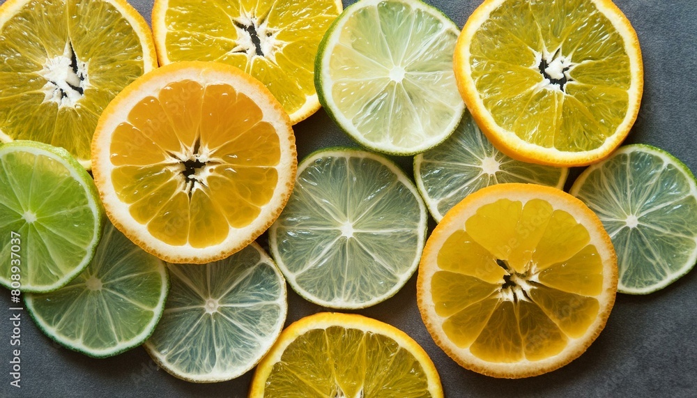 Obraz premium oranges and limes, showcasing their vibrant colors and juicy texture. artistic display, showcasing their freshness and zestiness. Shot with a professional mirrorless background