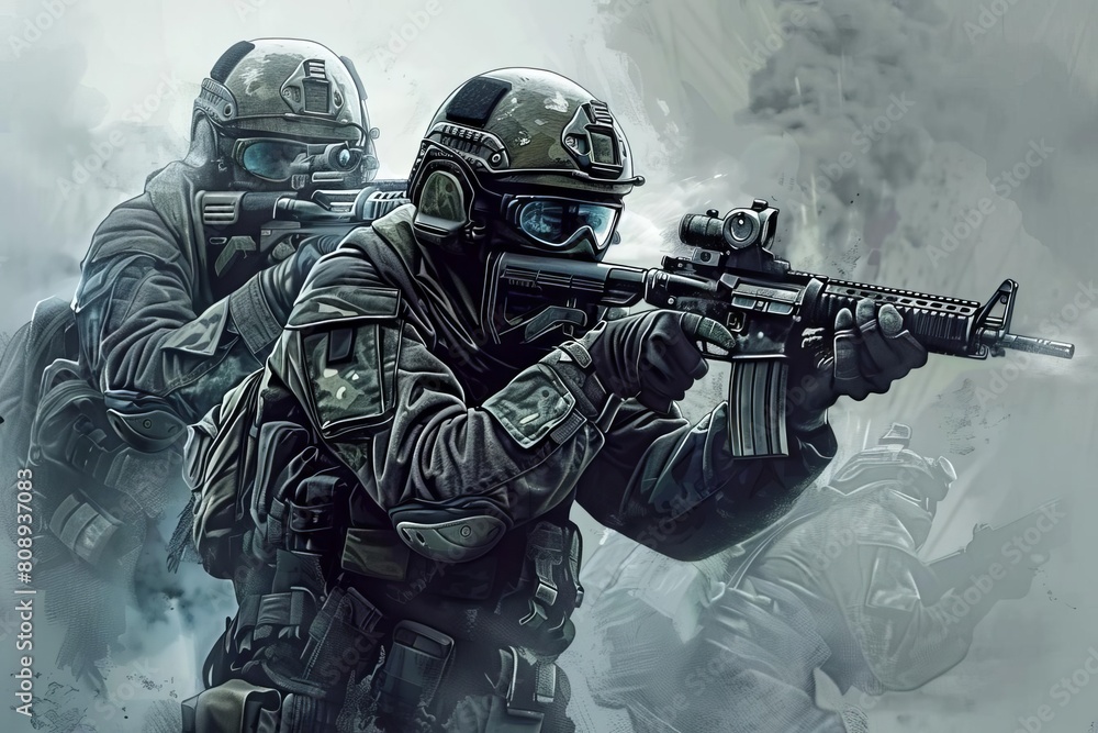 armed forces elite special ops soldiers with hightech weapons dramatic action illustration