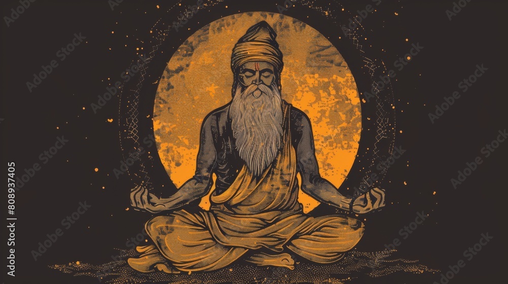 Illustration of a holy man meditating in a serene meditation Illustration of a holy man meditating in a serene meditation