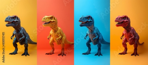 a group of toy dinosaurs standing in different colors