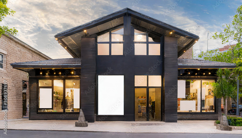 Outdoor mockup,store template,front view black of generic store facade with windows display and blanck posters. Outdoor mockup,store template,front view black of generic store facade with windows display and blanck posters.