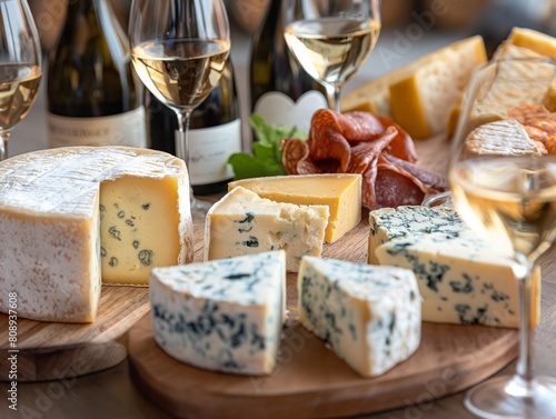 A cheese platter with a variety of cheeses and a bottle of wine. Scene is relaxed and inviting, perfect for a casual gathering or a romantic dinner