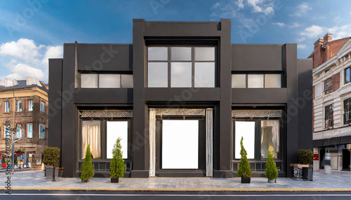 Outdoor mockup store template front view black of generic store facade with windows display and blanck posters.