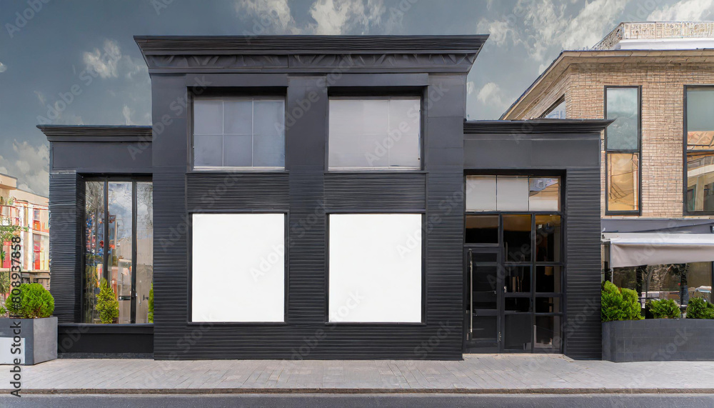 Outdoor mockup,store template,front view black of generic store facade with windows display and blanck posters. Outdoor mockup,store template,front view black of generic store facade with windows display and blanck posters.