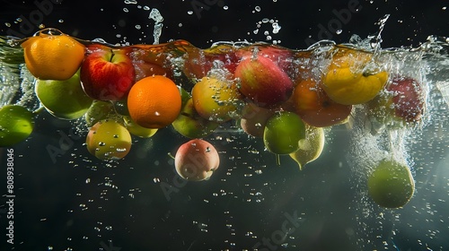 Photography of Assorted Fresh Fruits Submerged and Floating in a Water Tank with Dramatic Splashing Effects Generative ai