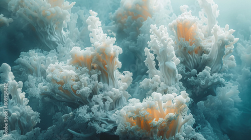 Ethereal Underwater Scene with Soft White and Orange Coral Reefs in Misty Blue Waters © Kiss