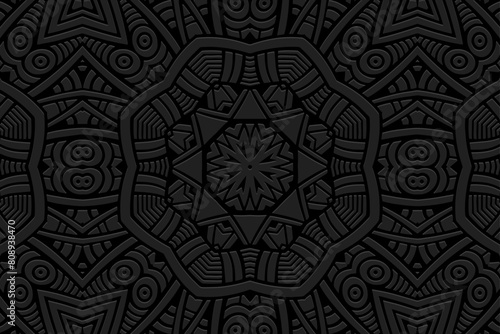 Embossed black background, tribal vintage cover design. Geometric ethnic creative 3D pattern. Handmade, doodling, ornaments. Cultural boho motifs of the East, Asia, India, Mexico, Aztec, Peru.