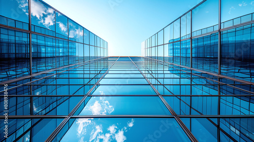 Modern Blue Glass Skyscraper Facade Reflecting Sky and Clouds Under Bright Sunlight