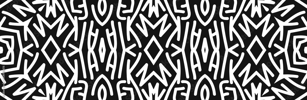 Banner, tribal cover design. Geometric black and white pattern. Ethnic ornaments, handmade, doodling. Cultural boho motifs of the East, Asia, India, Mexico, Aztec, Peru.