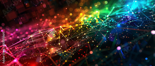 A cosmic dance of digital lines and nodes  glowing in a spectrum of colors across an abstract space.