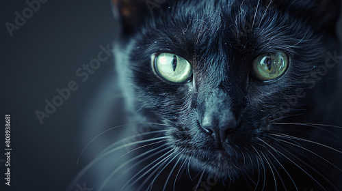 Close-up of Black Cat with Intense Green Eyes on Dark Background