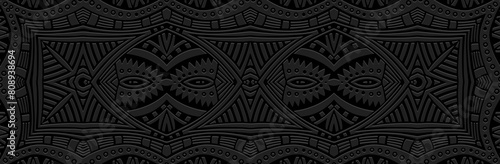 Banner, tribal cover design. Relief geometric old 3D pattern on a black background. Ethnic ornaments, handmade, doodling. Cultural boho motifs of the East, Asia, India, Mexico, Aztec, Peru.
