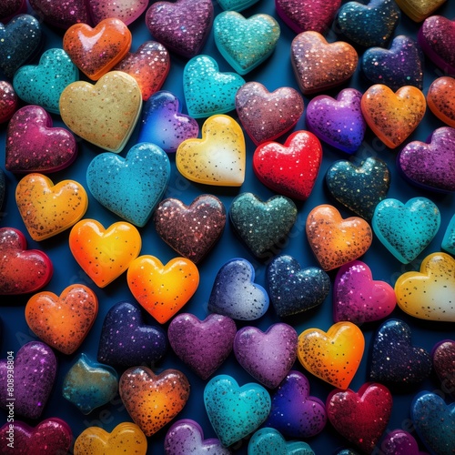 Multicolored glittery heart-shaped objects densely packed as a pattern