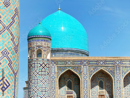 Mosque at Registan, an old public square in the heart of the ancient city of Samarkand, Uzbekistan. photo